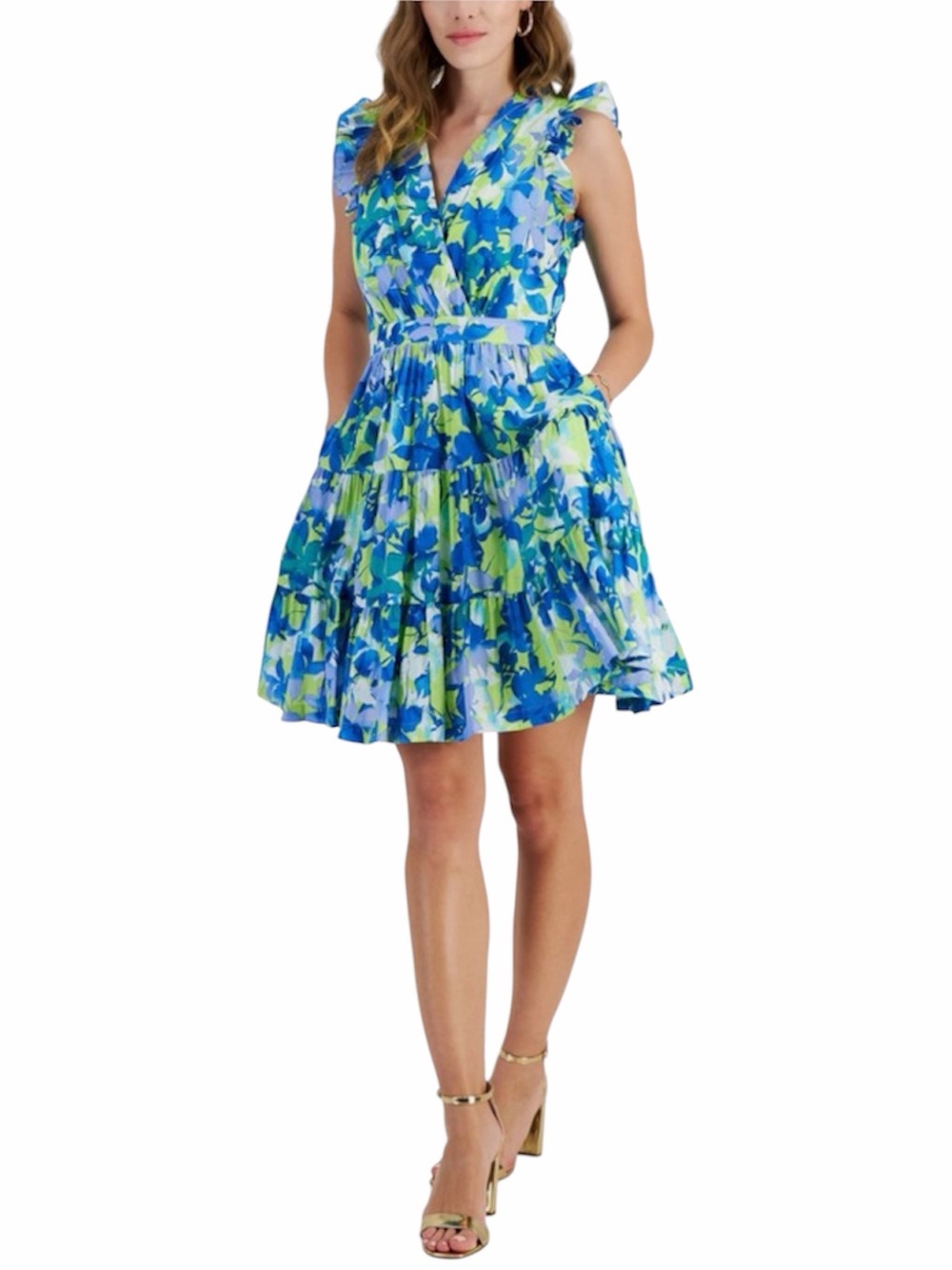 Taylor Floral V-Neck Tiered Dress Flutter Sleeve 100% cotton Blue & Green V Neck